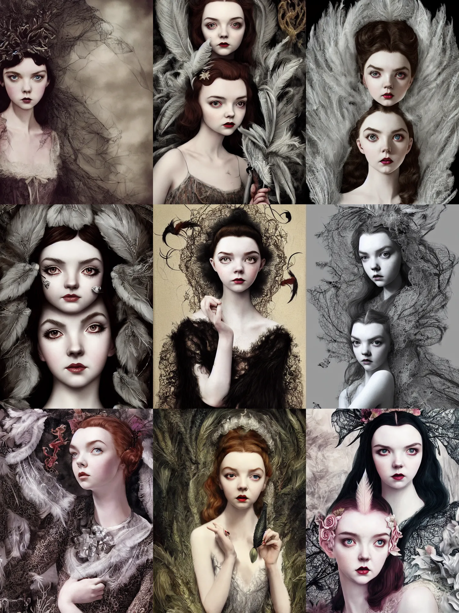 Prompt: a mix of of lily cole, anya taylor - joy and audry hepburn, evil sorceress, dark magic, evil, victorian manor, hyperrealism, octane render, extremely detailed, intricate feathers, lace, style of mark ryden, lostfish, earl nore, hyung tae, frank frazetta