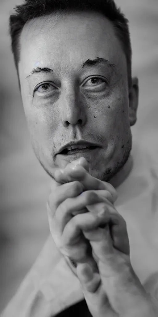 Image similar to elon musk crying in a dark cave, warm lighting, sony 5 0 mm lens