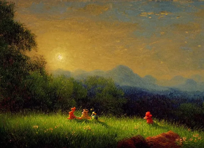 Prompt: romanticism impressionism landscape painting of winnie the pooh characters at night, night time, paper lanterns, string lights, in the style of hudson river school and thomas cole and albert bierstadt and vincent van gogh