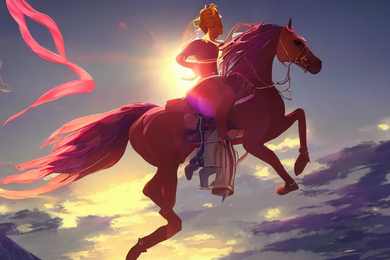 Image similar to beyonce dressed as a ninja riding a crystal horse on a harlem rooftop, highly detailed, 4k resolution, lighting, anime scenery by Makoto shinkai