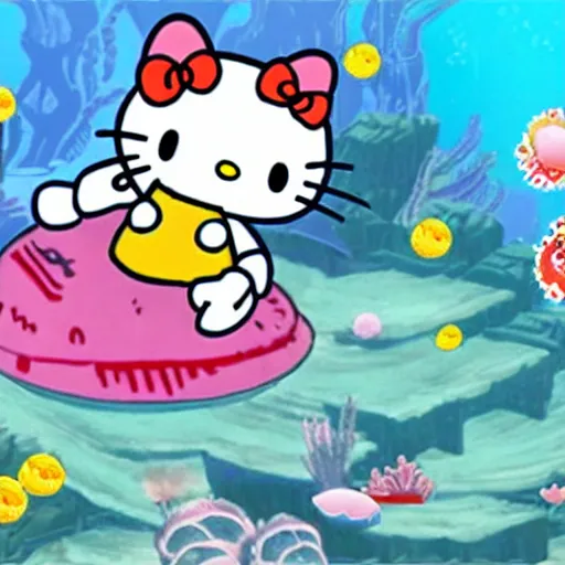 Image similar to 2d side scrolling game set in an underwater dystopia in the style of sanrios hello kitty franchise with fish and sea shells and radioactive waste littered about
