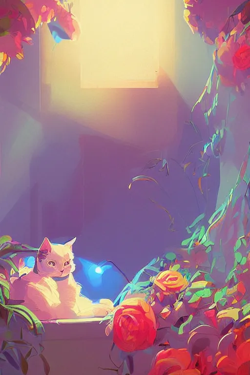 Image similar to a digital art of a cat sleeping in the room with flowers around in the afternoon, the sun shines in, animal, light effect, highly detailed, by anton fadeev