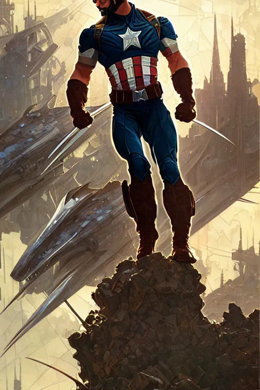 Prompt: wolverine as captain america, intricate, futuristic, fantasy, elegant, by Stanley Artgerm Lau, greg rutkowski, thomas kindkade, alphonse mucha, loish, norman Rockwell,