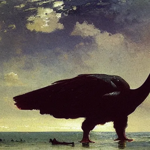 Prompt: huge dodo bird with its feet standing in the ocean, painting by albert bierstadt and winslow homer, highly detailed