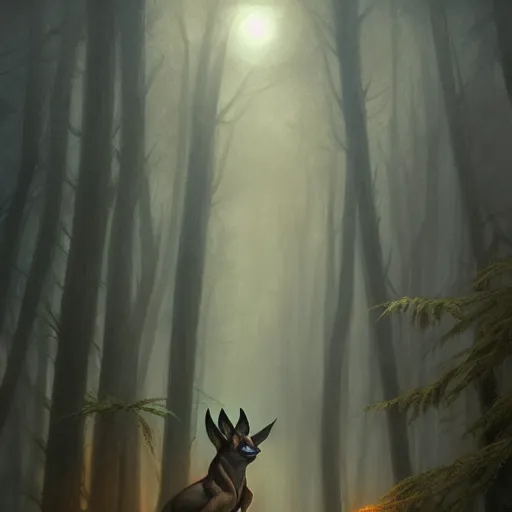 Image similar to long shot photo of anubis in the foggy forest, foggy bottom, highly detailed, digital painting, artstation, smooth, sharp focus, illustration, art by artgerm and greg rutkowski and alphonse mucha