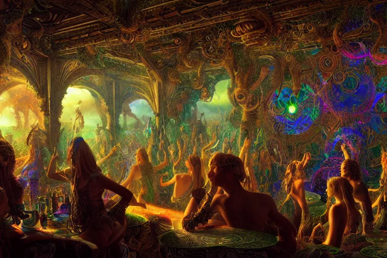 Image similar to a beautiful and highly detailed digital painting of a a psytrance party in another dimension, psychedelic, celtic, intricate details, epic scale, insanely complex, 8 k, sharp focus, photorealism, artstation, cgsociety, by caspar friedrich, albert bierstadt, james gurney, brian froud,