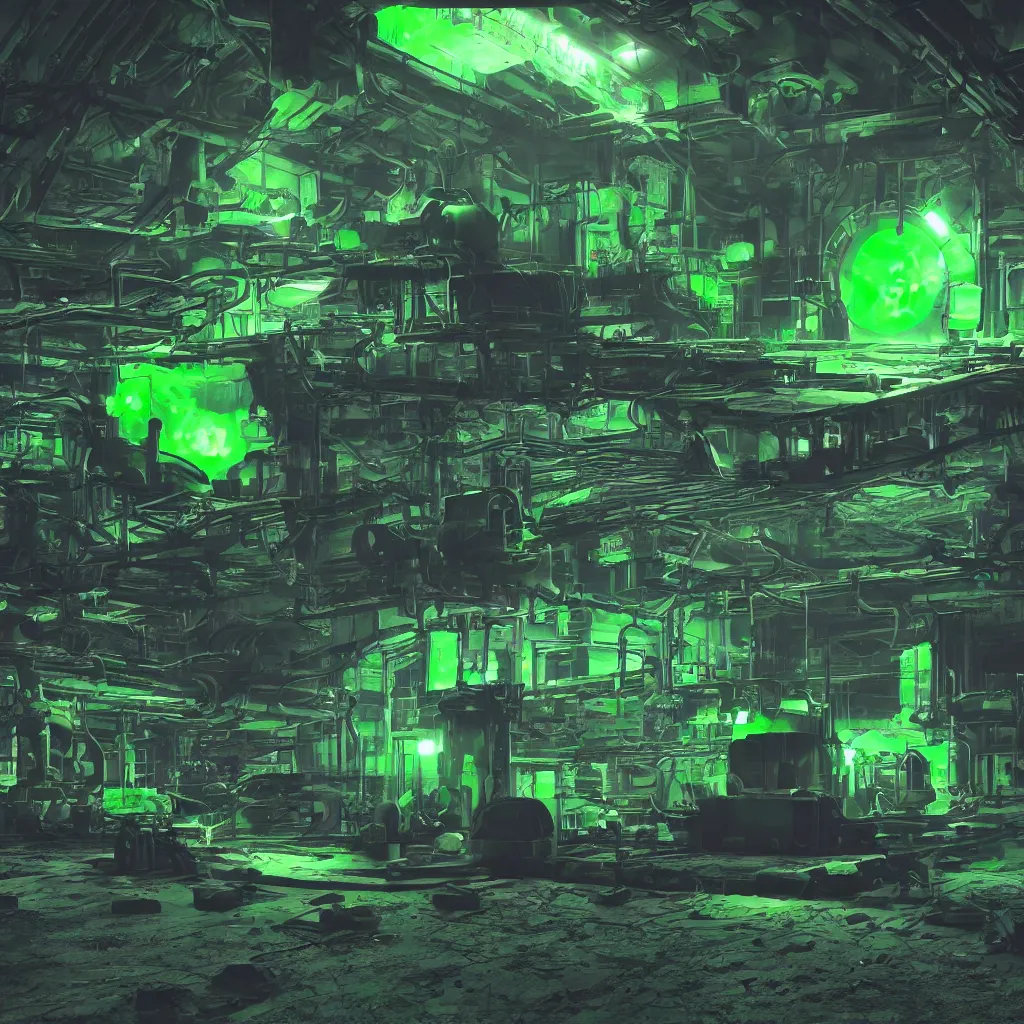 Image similar to secret under ground base with a green glowing uranium tank, concept art, digital art, octane render, xray melting colors