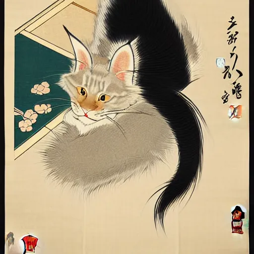 Image similar to beautiful portrait ukiyo - e painting of an ginger maine coon with white beard by kano hideyori, kano tan'yu, kaigetsudo ando, miyagawa choshun, okumura masanobu, kitagawa utamaro