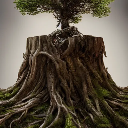 Image similar to donald trump is fused into a tree stump, hyperdetailed, artstation, cgsociety, 8 k