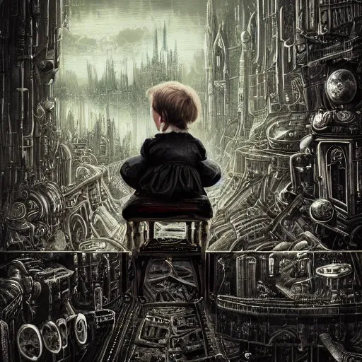 Image similar to a photo of young sad victorian gothic child with big eyes and wide grin sitting on a sofa of bones surrounded by a cyber futuristic cityscape made of human body parts by dan mumford, ultra detailed, 8 k resolution, beautiful lighting, expansive detailed layered city, landscape, 5 0 mm, perfect faces