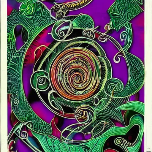 Prompt: 1995 magazine ad for iPhone, tribal graphic design theme, jungle leaf motif, spirals, musical instruments, airbrush style, global village coffeehouse