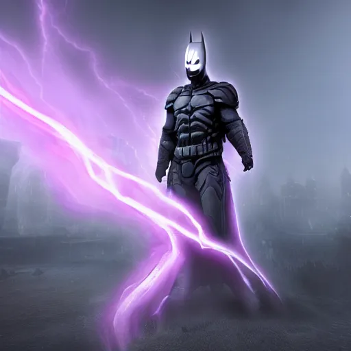 Prompt: character design, dark knight, purple lightning, purple mist, scary, photorealistic, unreal engine, ominous background-H 768