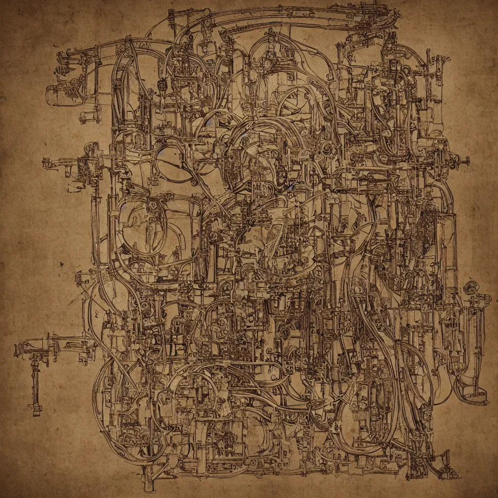 Image similar to davinci schematic of an intricate machine that turns water into wine, 8 k