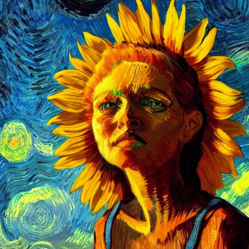 Prompt: closeup, giant sunflower head, woman standing in a room, surreal, dramatic light, impressionist painting, digital painting, artstation, van gogh