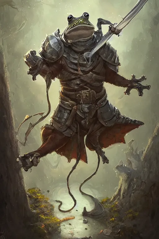 Image similar to cute anthropomorphic frog knight wearing a cape and a crown, tiny, small, miniature bear, baby animal, short, pale blue armor, cute and adorable, pretty, beautiful, DnD character art portrait, matte fantasy painting, DeviantArt Artstation, by Jason Felix by Steve Argyle by Tyler Jacobson by Peter Mohrbacher, cinematic lighting