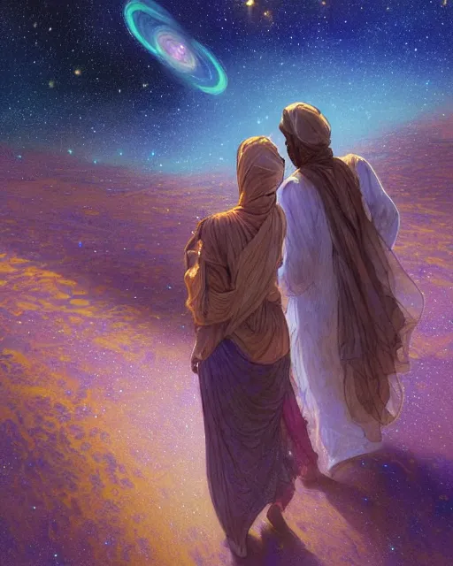 Image similar to bedouin man and woman and child in galaxy walking towards mosque surrounded by nebula, highly detailed, gold filigree, romantic storybook fantasy, soft cinematic lighting, award, disney concept art watercolor illustration by mandy jurgens and alphonse mucha and alena aenami, pastel color palette, featured on artstation