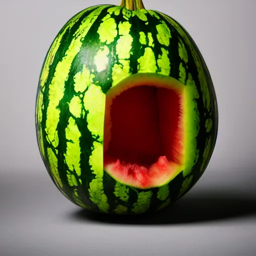 Prompt: a spooky photo of a watermelon with legs, professional photo, award winning, detailed, 8 k, watermelon