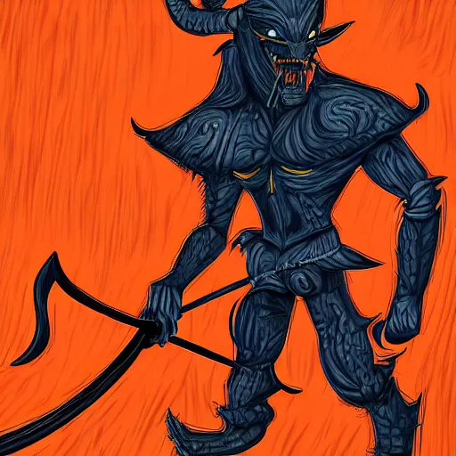 Prompt: Fire demon with a battle ax stands, art, digital art, stylization, detailed