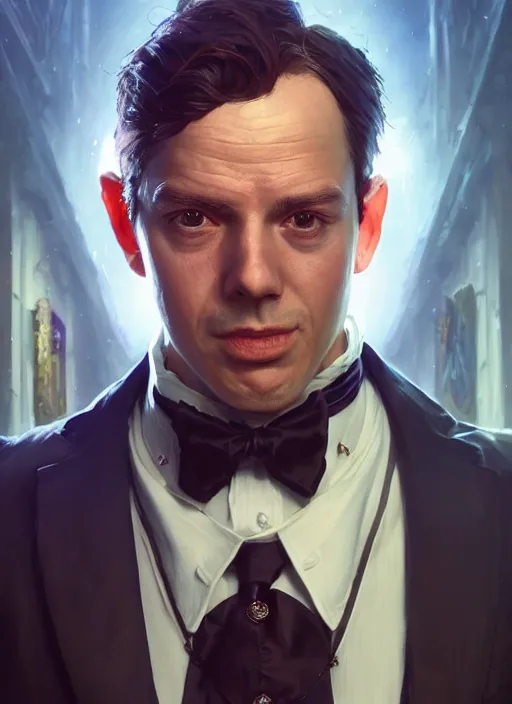 Image similar to highly detailed portrait of a heroic butler in gta v, stephen bliss, unreal engine, fantasy art by greg rutkowski, loish, rhads, ferdinand knab, makoto shinkai and lois van baarle, artgerm, pixar, ilya kuvshinov, rossdraws, tom bagshaw, global illumination, radiant light, detailed and intricate environment