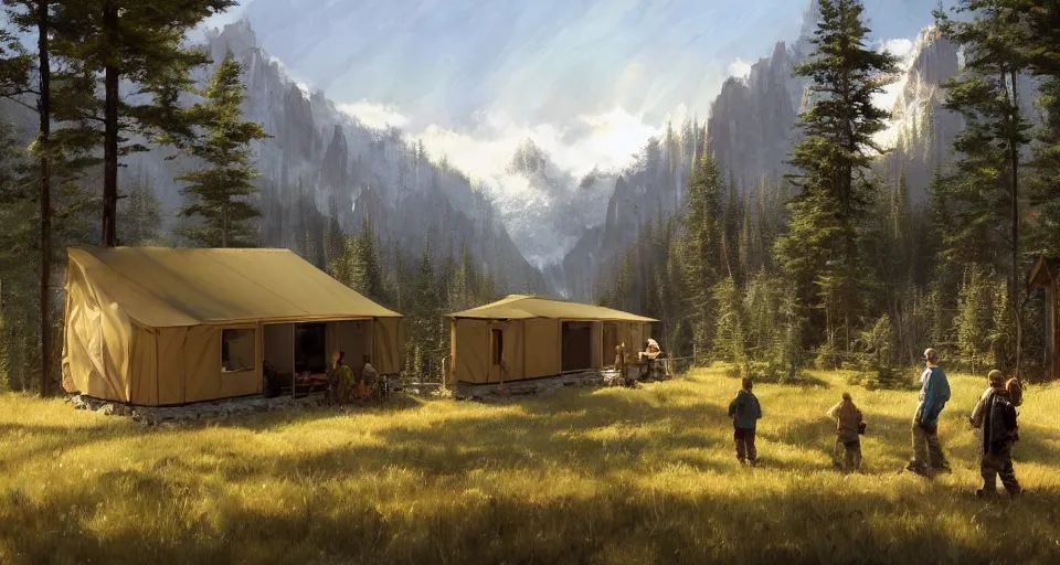 Image similar to cabela's beautiful comfortable modular insulated container home wall kit - house all weather family dwelling tent house, person in foreground, mountainous forested wilderness open fields, beautiful views, painterly concept art, environmental concept art, concept art illustration, by james gurney, by craig mullins, by greg rutkowski trending on artstation