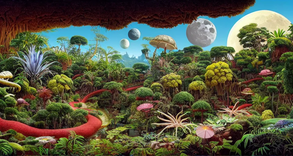 Prompt: huge woodlouse, axolotl, bones of dead animals, a landscape on the moon with many craters, tea terraces, a beautiful flowering garden, a lot of exotic vegetations, trees, intricate detaild, pale colors, 8 k, in the style of pavel filonov and martin johnson heade and roger dean