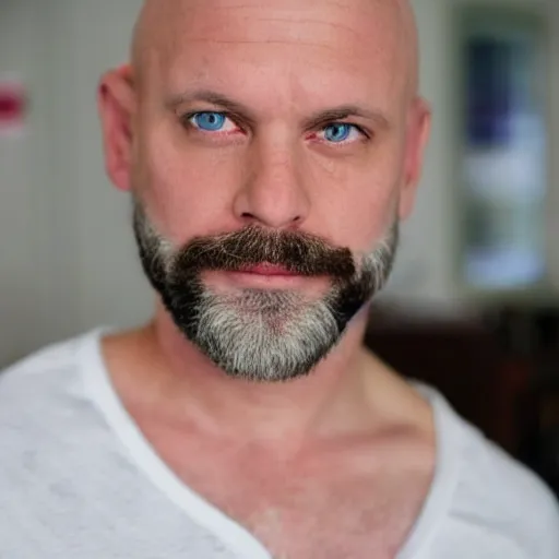 Prompt: He is white, middle aged, and completely bald. He has strong, manly facial features, but has no facial hair, not even eyebrows or eyelashes. He has an average build, with some chest hair. He has big round blue eyes.