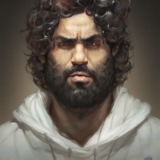 Image similar to a skeptical squinting looking curly - haired persian programmer giving the stink eye, by artgerm and greg rutkowski and magali villeneuve