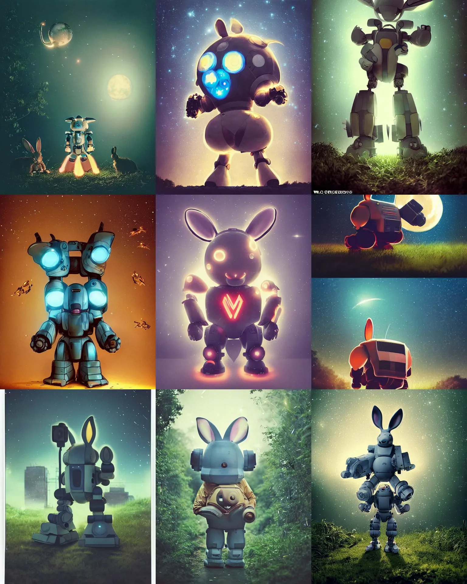 Prompt: dynamic pose !!!giant oversized battle rabbit robot chubby mech with big ears , on jungle night !!! , fireflies in front, full body , Cinematic focus, Polaroid photo, vintage , neutral dull colors, soft lights, foggy , stars moon blue backlight , by oleg oprisco , by victor enrich , by gregory crewdson , by discovery channel , by most wanted