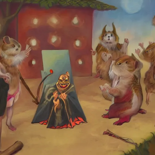 Prompt: a painting of a old demon cult worshipping a hamster