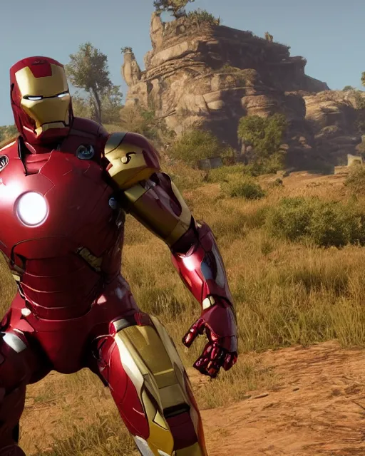 Image similar to mk 3 8 iron man suit in red dead redemption 2, cinematic, photorealistic