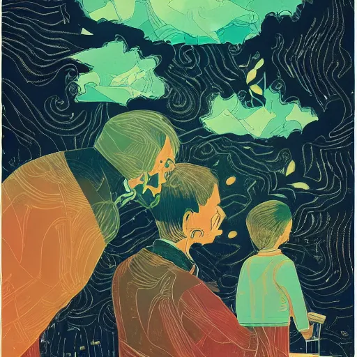 Image similar to a son imitate his father, illustration by victo ngai