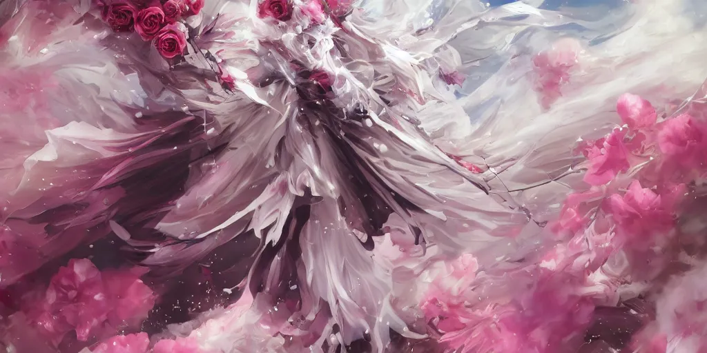 Prompt: flying longswords flowing slicing through a bouquet of white and pink roses, flowers exploding and spraying, big puffy clouds, sharp rain, large rose petals, lotus petals, large polygonal background elements, large polygons, dramatic anime, dramatic lighting, artgerm, manga, trending on artstation, art nouveau, mature colors