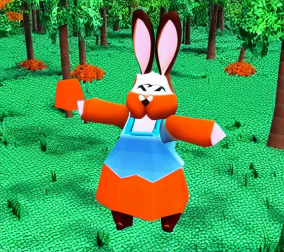 Prompt: a bunny holding a carrot in a forest, screenshot of a 1994 PS1 game, polygonal 3D