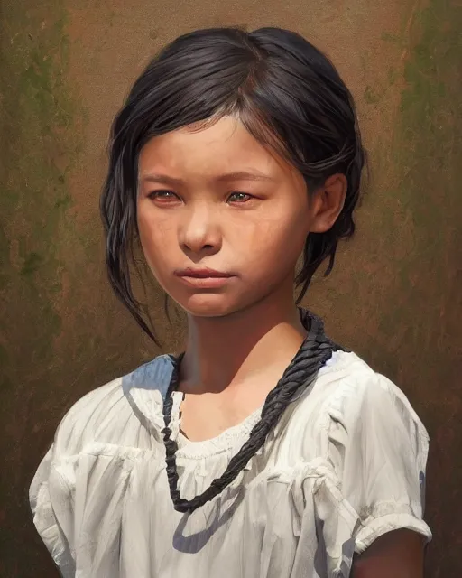 Image similar to Portrait of Migrant and Colonizer child, Migrant Colonizer morph child morph, digital painting, realistic shaded, realistic shaded lighting, fan art, pixiv, by Ilya Kuvshinov, child hybrid, realistic face and body hybrid, by magali villeneuve, Artstation, by Jeremy Lipkin and by Michael Garmash and by Rob Rey. Face retouch