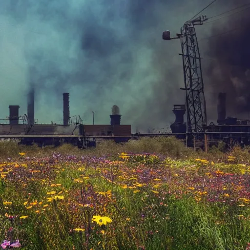 Prompt: a macro of a beautiful meadow, an abundance of flowers and butterflies, surrounded by dirty industrial buildings, heavy smoke, cinematic light, god rays, fantasy landscape,