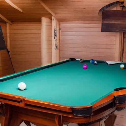 Image similar to a large billiards table in a small dingy floating on the ocean. extremely high detail. the sloop is on the ocean. the weather is bad and cloudy. professional lighting. 8 k