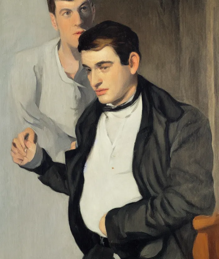 Prompt: a very detailed portrait of a man in a white shirt and a leather jacket over his shoulder, the man is wearing a lot of silver necklaces, in the style of edward hopper and oswald hornby joseph birley, very small brushstrokes, 4 k,