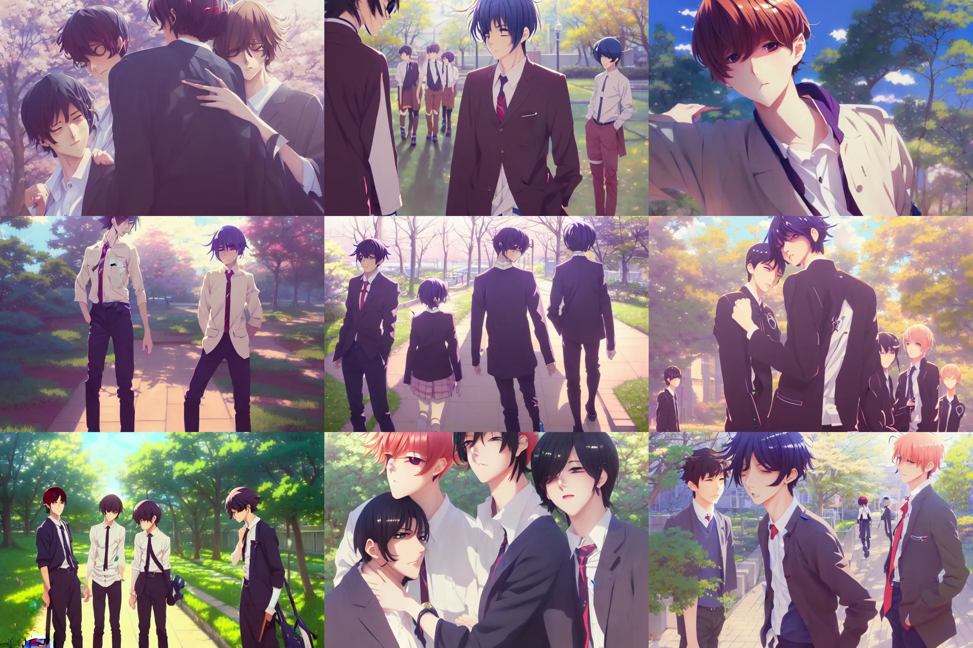 Prompt: boy's love anime high school spring noon scene, high detail concept art, perfect proportions fine face, tall handsome guys, close together romantic undertones, avant designer uniform, vivid colors, realistic shaded lighting poster fantasy art james jean, kyoani, clamp, kazue kato, jeremy lipking, michael germash, makoto shinkai, loish cinematic