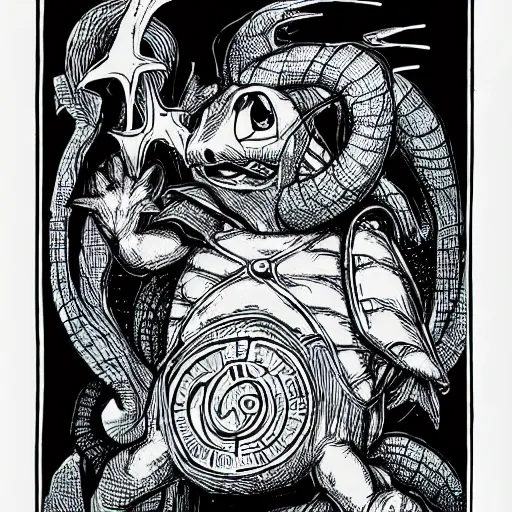 Prompt: the pokemon squirtle as a 2 nd edition d & d monster, pen - and - ink illustration, etching, by russ nicholson, david a trampier, larry elmore, 1 9 8 1, hq scan, intricate details, high contrast
