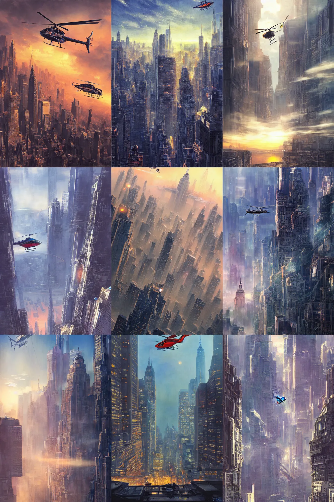 Prompt: a helicopter is flying around the empire buidling, futuristic newyork, by yoshitaka amano, hiroshi yoshida, painterly, ultra detailed, sunset light, digital art, concept art, illustration