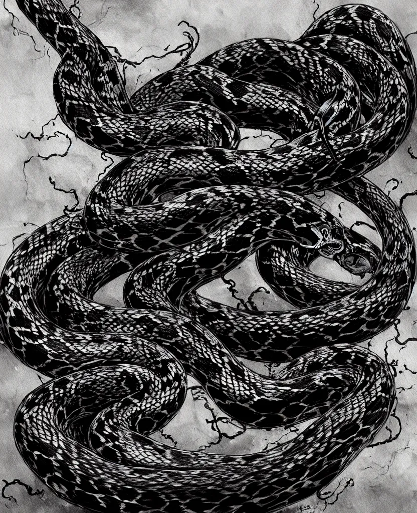 Image similar to a painting of scary snakes made of black colored fire, dark colors, sinister atmosphere, dramatic lighting, cinematic, establishing shot, extremely high detail, photo realistic, cinematic lighting, pen and ink, intricate line drawings, by Yoshitaka Amano, Ruan Jia, Kentaro Miura, Artgerm, post processed, concept art, artstation, matte painting, style by eddie mendoza, raphael lacoste, alex ross,