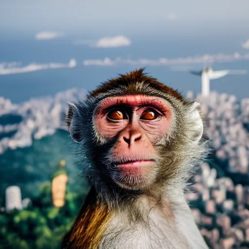 Image similar to high quality portrait of a monkey in front of Christ The Redeemer, studio photograph, photograph, realistic photo, 8k photo, 4k photo, stock photo, high resolution, cinematic shot, high detail