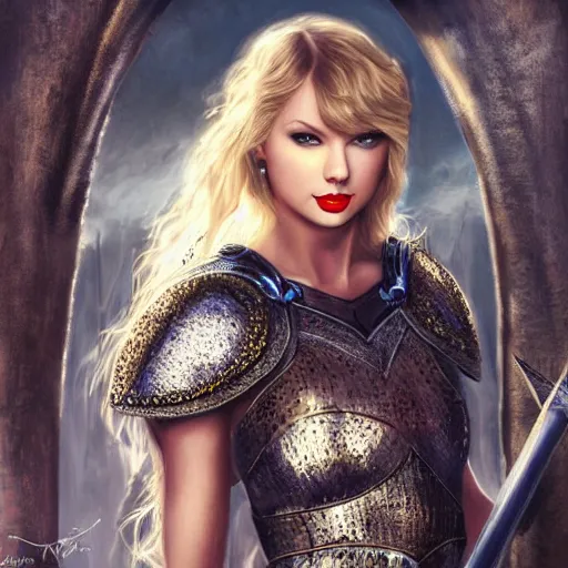 Image similar to the picture of taylor swift in a knight armor, epic fantasy art, mystical, mystic atmosphere, mythology, photo realistic, high detail, ultra realistic, hyper realistic, high definiton, 4 k uhd,