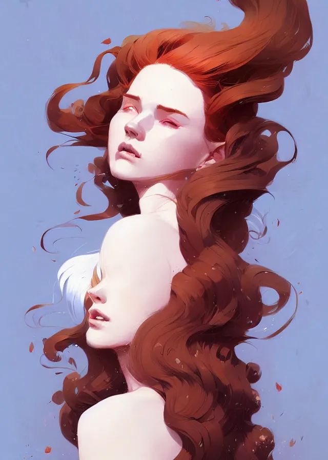 Image similar to beautiful artistic - wave highly detailed full - body portrait female, front facing, long red hair, by atey ghailan, by greg rutkowski, by greg tocchini, by james gilleard, by joe fenton, by kaethe butcher, dynamic lighting, gradient light blue, brown, blonde cream and white color scheme, grunge aesthetic