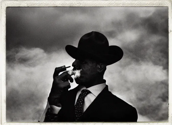 Image similar to mysterious man in suit and hat wrapped in cigarette smoke, in a big industrial city metropoli with a cloudy sky, polaroid artistic photo