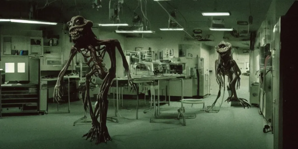 Prompt: a scary filmic wide shot color ground level angle movie still 35mm film photograph of the full body of a screaming and angry dangerous shape shifting alien creature, with multiple mutated snarling drooling human faces with a grotesque variety of human and animal limbs protruding from its lower torso inside of a 1970s science lab, neon lights, dirty, ektachrome photograph, volumetric lighting, f8 aperture, cinematic Eastman 5384 film