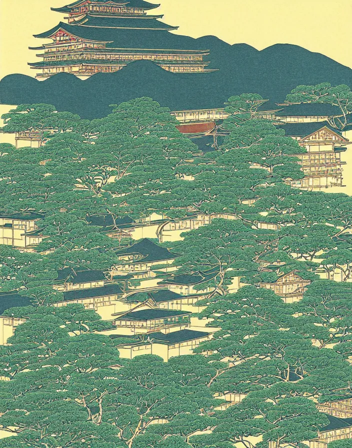 Image similar to a building in a stunning landscape japanese woodblock print by Hasui Kawase