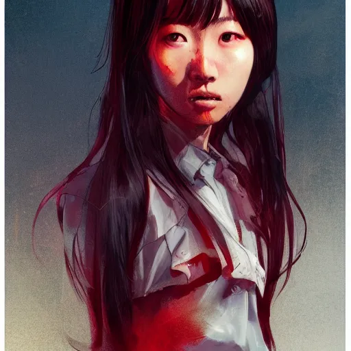 Image similar to full body portrait of a korean schoolgirl with long hair and bangs, her hands are thin red tedrils, dramatic lighting, illustration by Greg rutkowski, yoji shinkawa, 4k, digital art, sci-fi horror concept art, trending on artstation