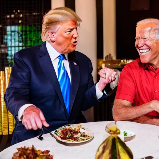 Image similar to Trump and Biden having dinner at a fancy Balinese restaurant, award winning photography, 85mm, perfect faces