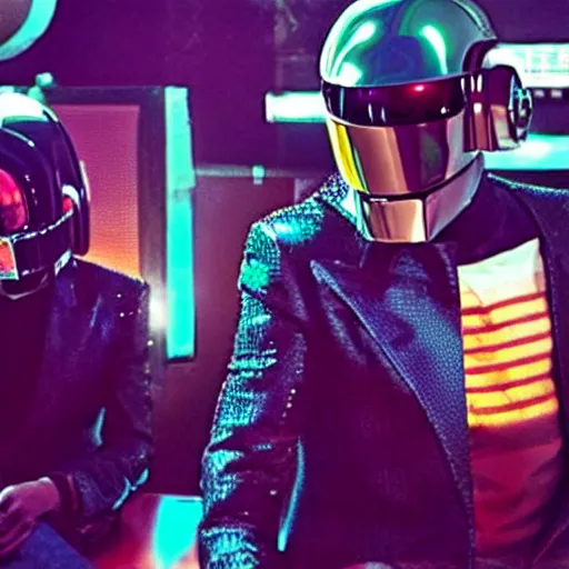 Prompt: daft punk singing singing karaoke in a rundown cyberpunk bar